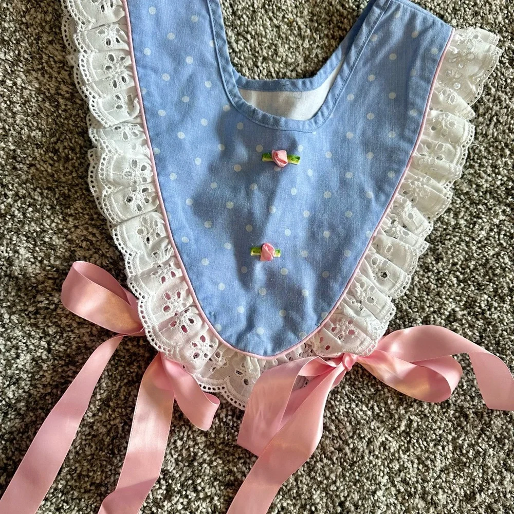 Vintage Blue and Pink Polka Dot Lace Baby Bib